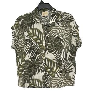 Ellie‎ Tahari Linen Palm Print Button Down Shirt Green Cream Medium